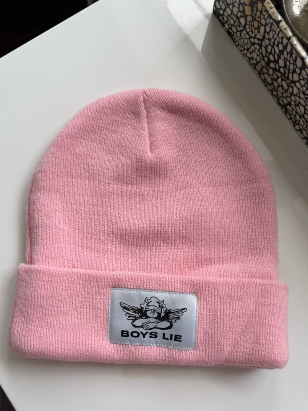 Boys Lie Baby Pink Knit Beanie with Cherub Patch